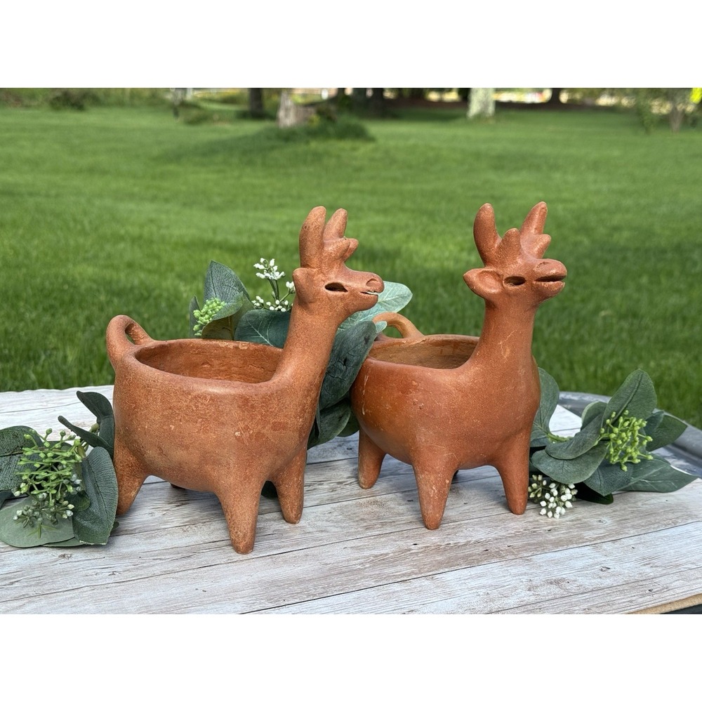 Pair Mexican Terracotta Deer Planters - Handcrafted Clay Animal Effigy Pots VTG